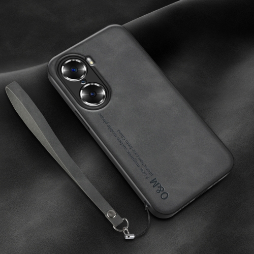 

For Honor 60 Lamba Skin Feel Leather Back Phone Case with Strap(Dark Grey)