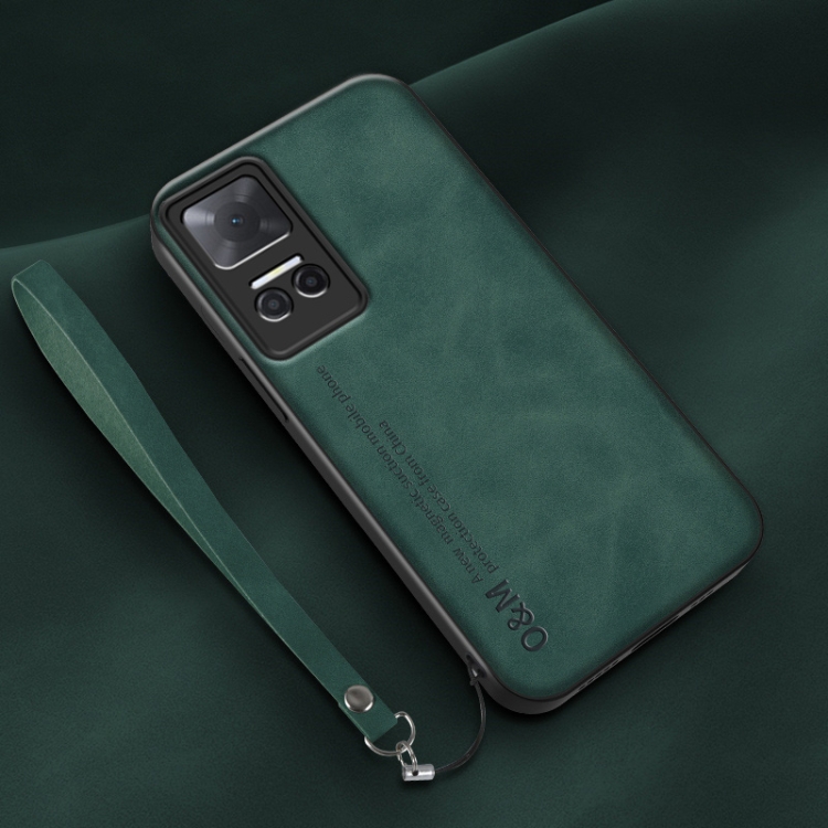 

For Honor Play 6T Lamba Skin Feel Leather Back Phone Case with Strap(Deep Green)