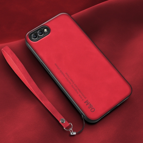 

For Honor View 10 Lamba Skin Feel Leather Back Phone Case with Strap(Red)