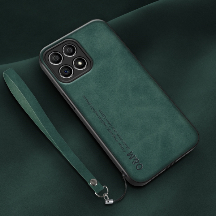 

For Honor X30i Lamba Skin Feel Leather Back Phone Case with Strap(Deep Green)