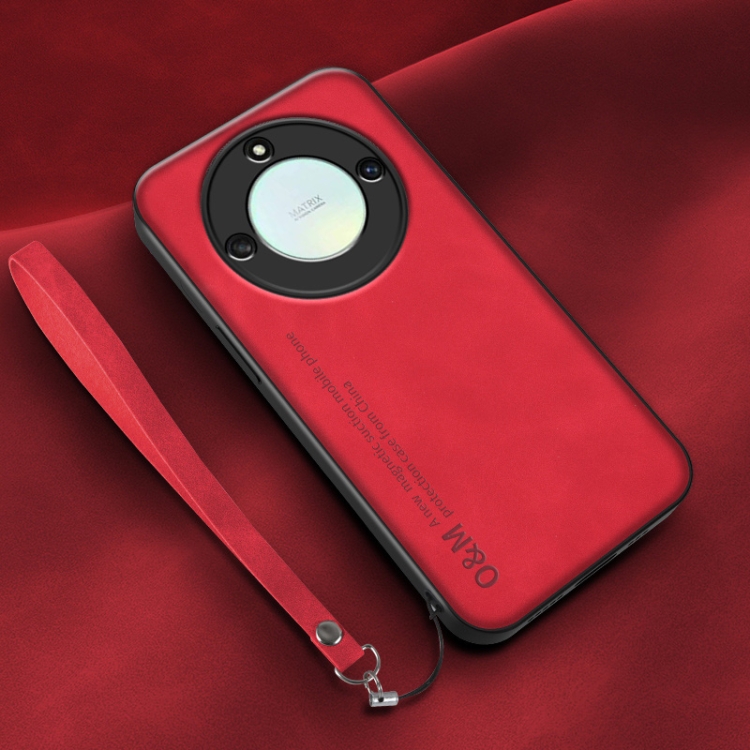 

For Honor X40 Lamba Skin Feel Leather Back Phone Case with Strap(Red)