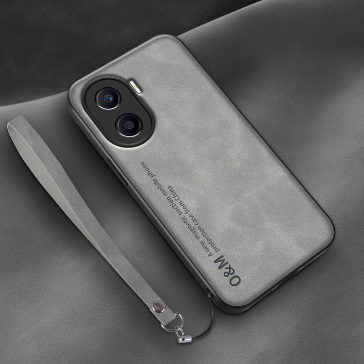

For Honor X40i Lamba Skin Feel Leather Back Phone Case with Strap(Space Grey)