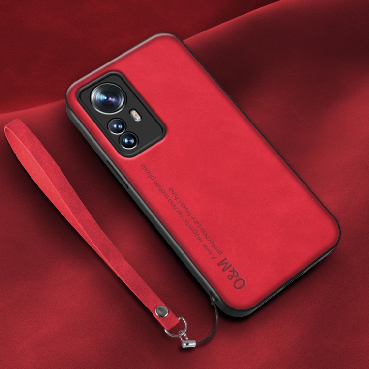 

For Xiaomi 12 Pro Lamba Skin Feel Leather Back Phone Case with Strap(Red)