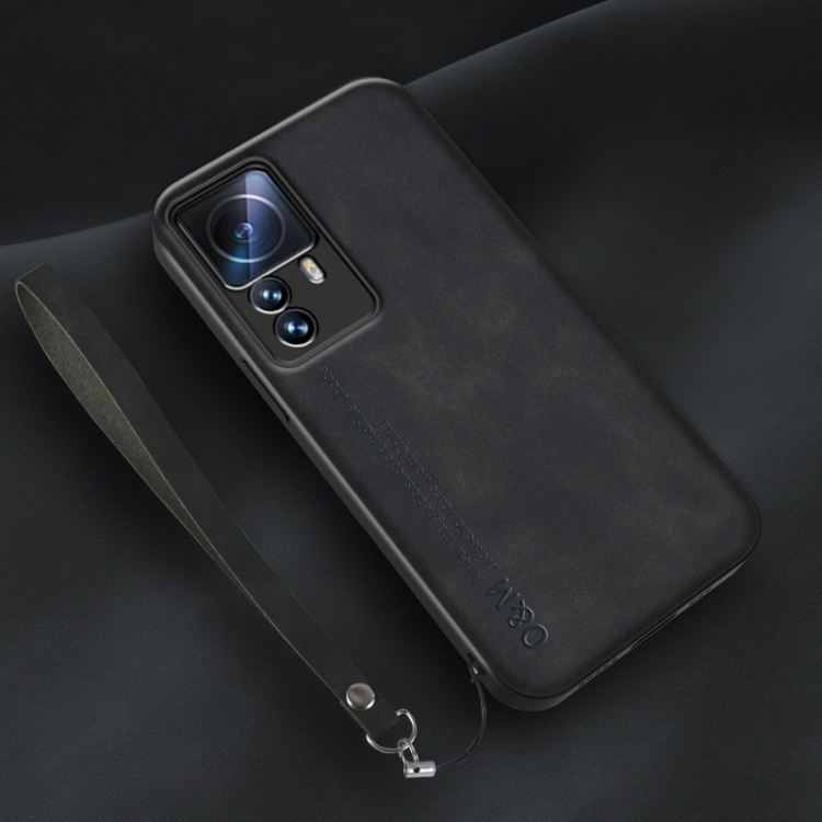 

For Xiaomi 12T Pro Lamba Skin Feel Leather Back Phone Case with Strap(Black)