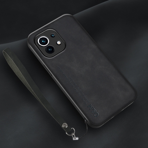 

For Xiaomi Mi 11 Lamba Skin Feel Leather Back Phone Case with Strap(Black)