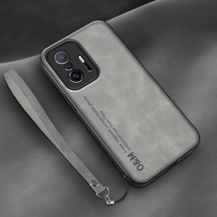 

For Xiaomi 11T Lamba Skin Feel Leather Back Phone Case with Strap(Space Grey)