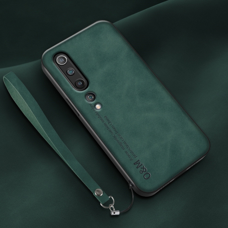 

For Xiaomi Mi 10 Lamba Skin Feel Leather Back Phone Case with Strap(Deep Green)