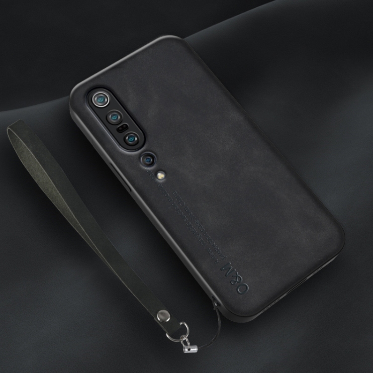 

For Xiaomi Mi 10 Pro Lamba Skin Feel Leather Back Phone Case with Strap(Black)