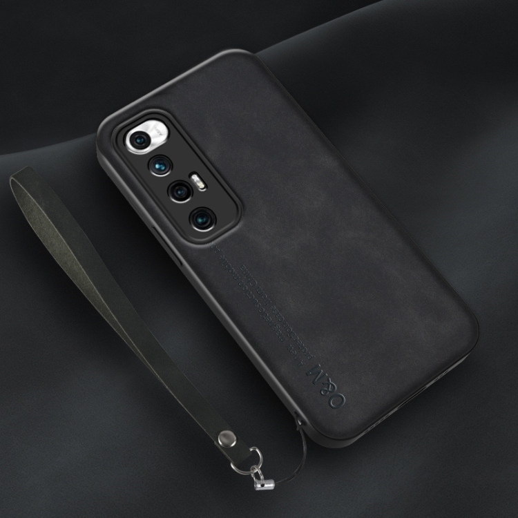 

For Xiaomi Mi 10S Lamba Skin Feel Leather Back Phone Case with Strap(Black)