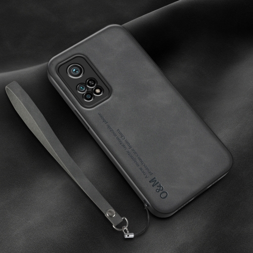 

For Xiaomi Mi 10T Lamba Skin Feel Leather Back Phone Case with Strap(Dark Grey)