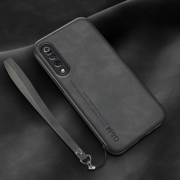 

For Xiaomi Mi 9 Lamba Skin Feel Leather Back Phone Case with Strap(Dark Grey)