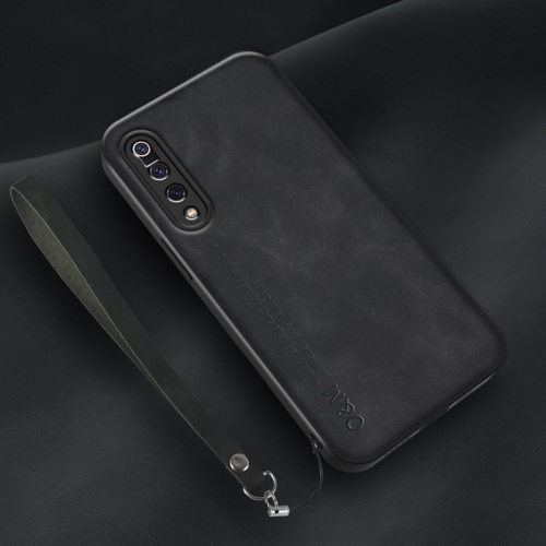 

For Xiaomi Mi 9 SE Lamba Skin Feel Leather Back Phone Case with Strap(Black)