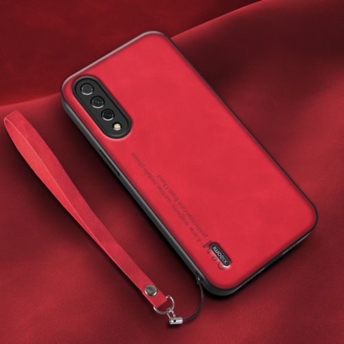 

For Xiaomi Mi CC9e Lamba Skin Feel Leather Back Phone Case with Strap(Red)