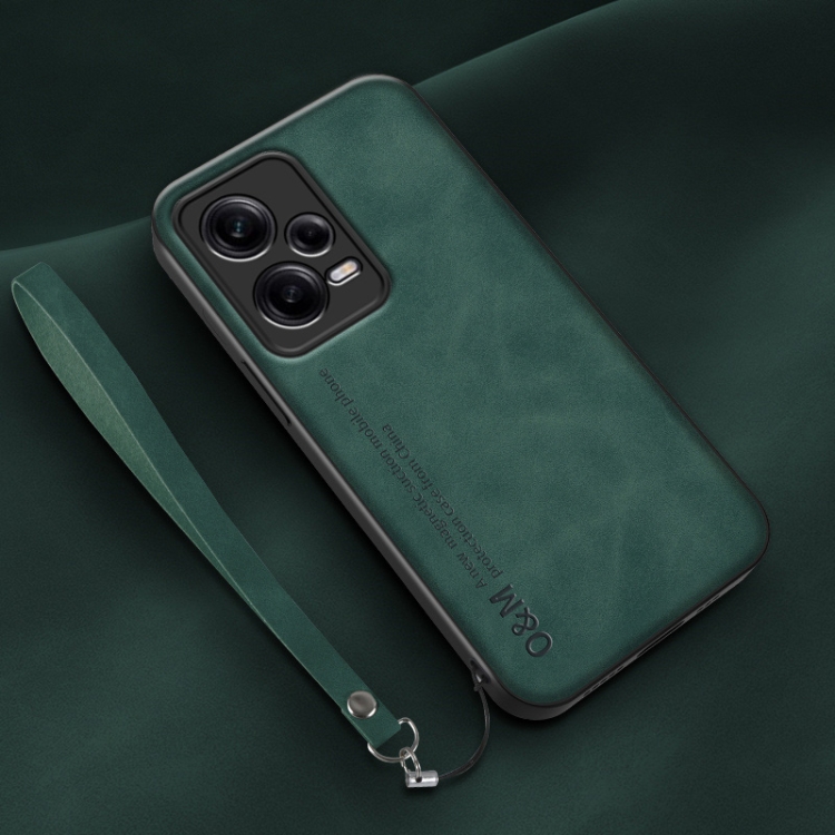 

For Xiaomi Redmi Note 12 Pro Lamba Skin Feel Leather Back Phone Case with Strap(Deep Green)