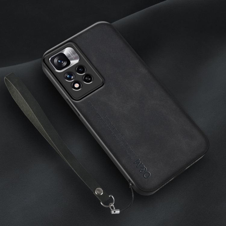 

For Xiaomi Redmi Note 11 Pro Lamba Skin Feel Leather Back Phone Case with Strap(Black)