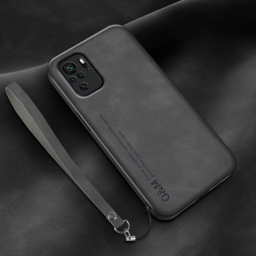 

For Xiaomi Redmi Note 10 5G Lamba Skin Feel Leather Back Phone Case with Strap(Dark Grey)