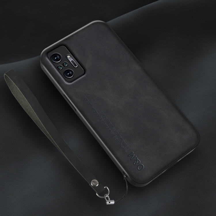 

For Xiaomi Redmi Note 10 Pro Lamba Skin Feel Leather Back Phone Case with Strap(Black)