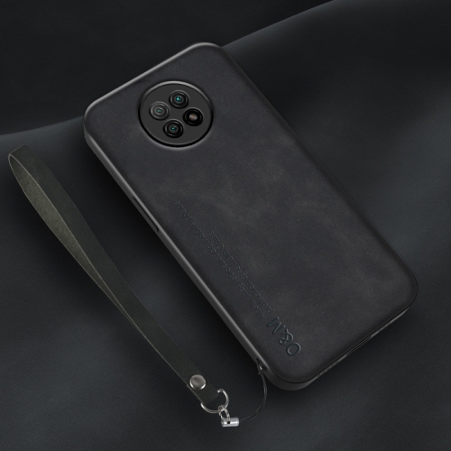 

For Xiaomi Redmi Note 9 5G Lamba Skin Feel Leather Back Phone Case with Strap(Black)