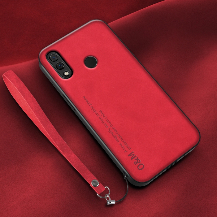 

For Xiaomi Redmi Note 7 Lamba Skin Feel Leather Back Phone Case with Strap(Red)
