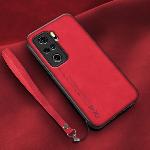 

For Xiaomi Redmi K40 Lamba Skin Feel Leather Back Phone Case with Strap(Red)
