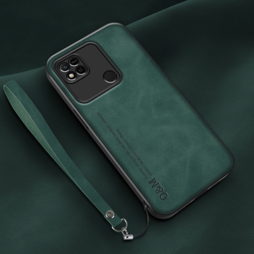 

For Xiaomi Redmi 10A Lamba Skin Feel Leather Back Phone Case with Strap(Deep Green)