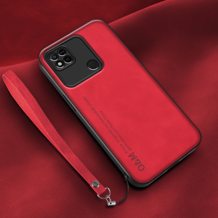 

For Xiaomi Redmi 10C Lamba Skin Feel Leather Back Phone Case with Strap(Red)