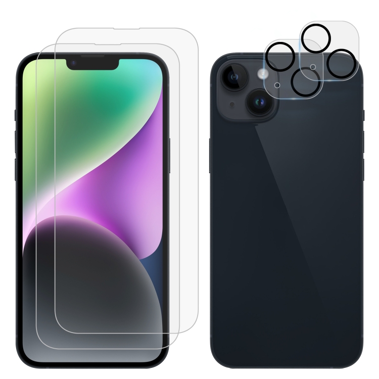 

For iPhone 14 Plus 2pcs 0.26mm 9H 2.5D Tempered Glass Screen Film with 2pcs Lens Protector