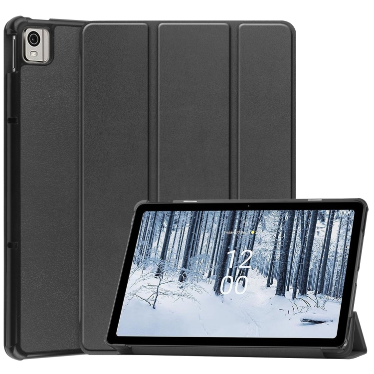 

For Nokia T21 Custer Pure Color 3-Fold Holder Leather Smart Tablet Case(Black)