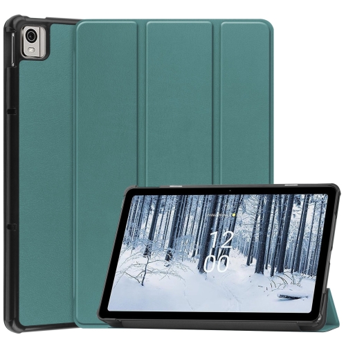 

For Nokia T21 Custer Pure Color 3-Fold Holder Leather Smart Tablet Case(Green)