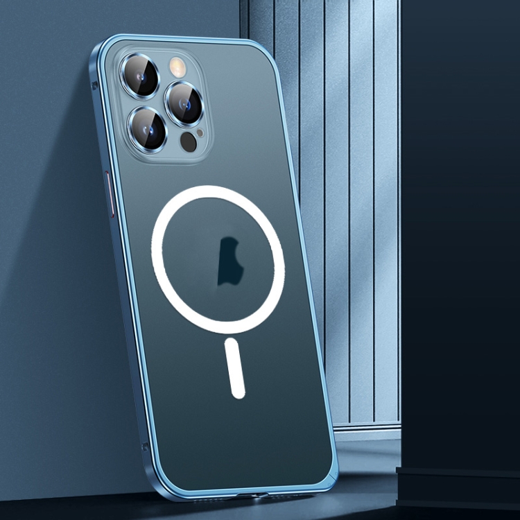 

For iPhone 12 Spring Buckle Metal Frosted Magsafe Phone Case(Sierra Blue)