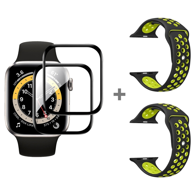 

For Apple Watch Series SE 2&6&SE&5&4 44mm 2pcs Silicone Watch Band with 2pcs Soft Film(Black Yellow)