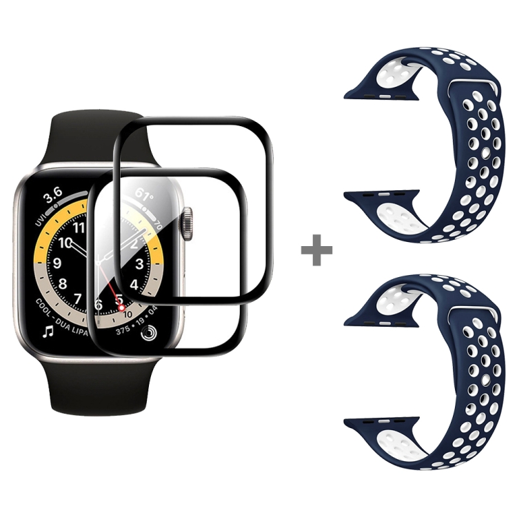 

For Apple Watch Series SE 2&6&SE&5&4 44mm 2pcs Silicone Watch Band with 2pcs Soft Film(Blue White)