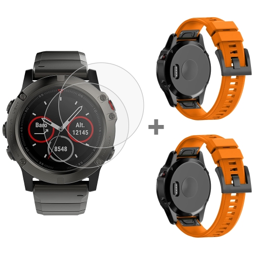 

For Garmin Fenix 5X 26mm 2pcs Quick Removable Silicone Watch Band with 2pcs Tempered Glass Film(Orange)