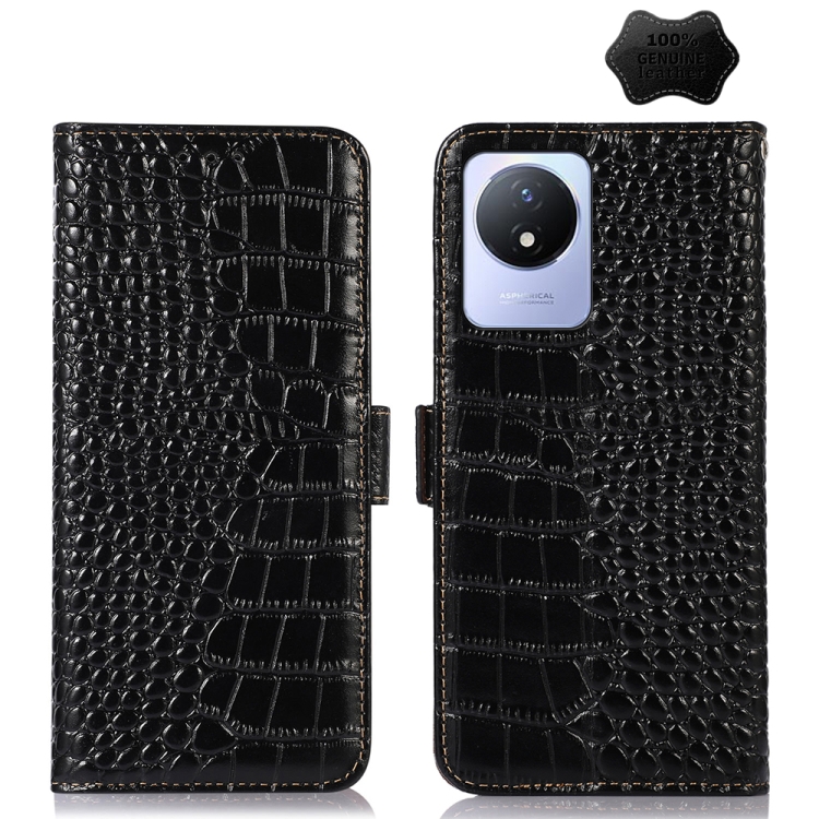 

For Vivo Y02 4G Crocodile Top Layer Cowhide Leather Phone Case(Black)