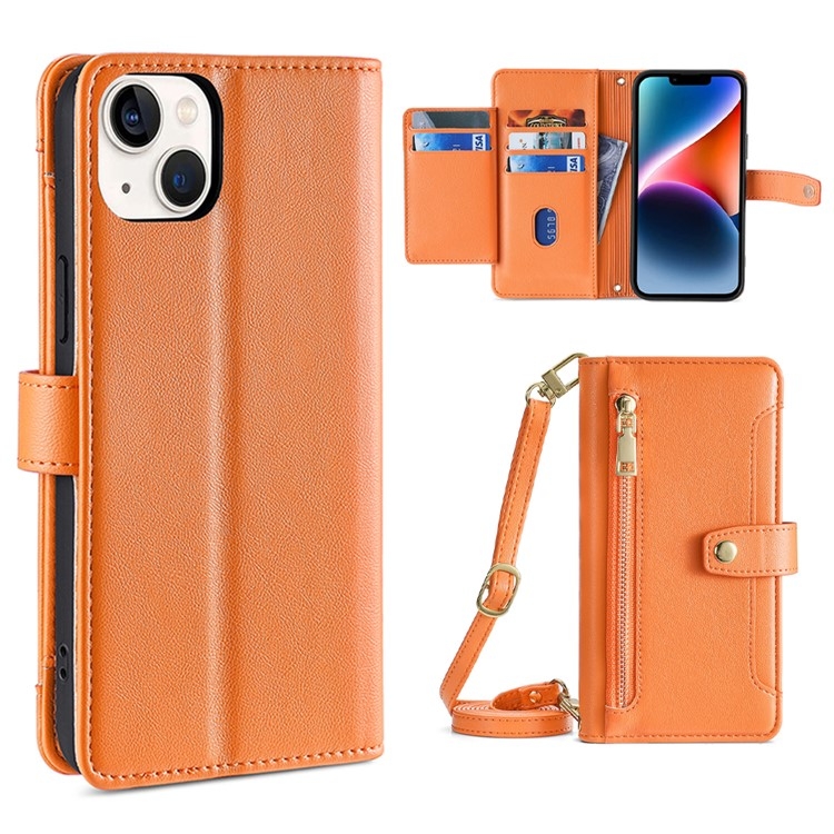 

For iPhone 14 Plus Sheep Texture Cross-body Zipper Wallet Leather Phone Case(Orange)