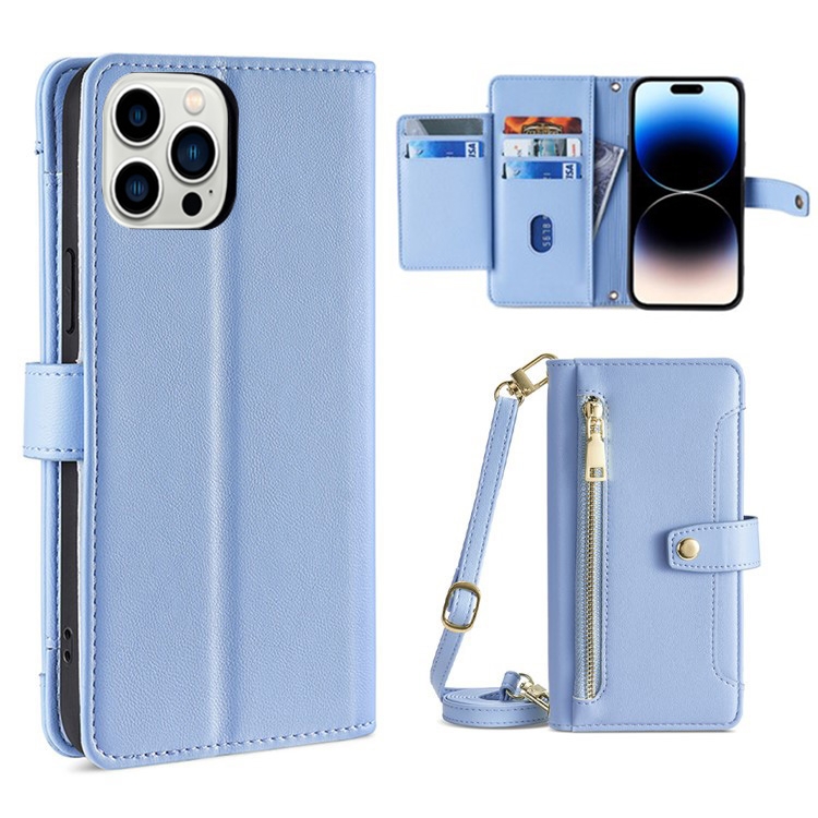 

For iPhone 14 Pro Max Sheep Texture Cross-body Zipper Wallet Leather Phone Case(Blue)