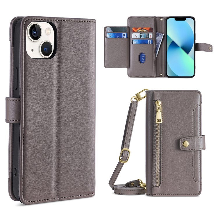 

For iPhone 13 mini Sheep Texture Cross-body Zipper Wallet Leather Phone Case(Grey)