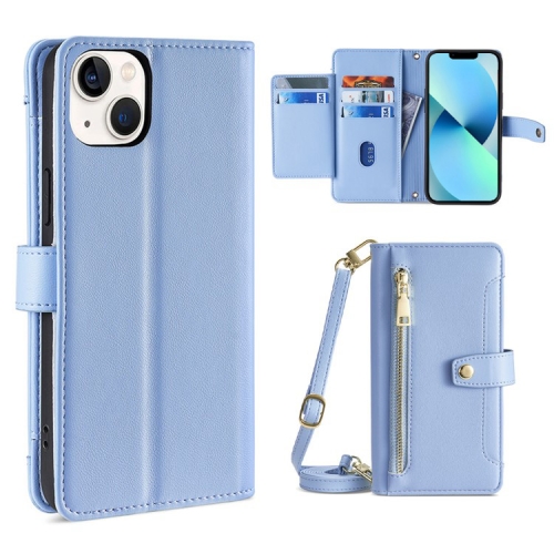 

For iPhone 13 Sheep Texture Cross-body Zipper Wallet Leather Phone Case(Blue)
