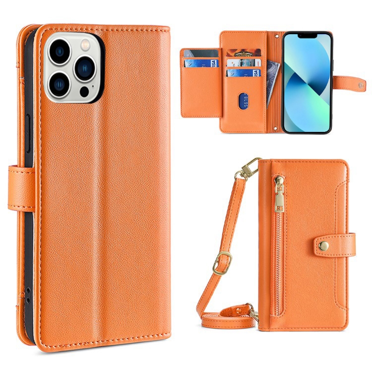 

For iPhone 13 Pro Max Sheep Texture Cross-body Zipper Wallet Leather Phone Case(Orange)