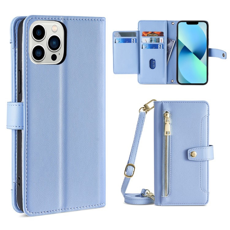 

For iPhone 13 Pro Max Sheep Texture Cross-body Zipper Wallet Leather Phone Case(Blue)
