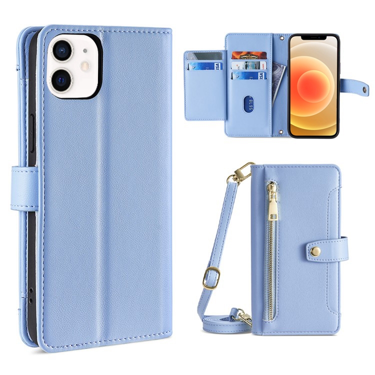 

For iPhone 12 mini Sheep Texture Cross-body Zipper Wallet Leather Phone Case(Blue)