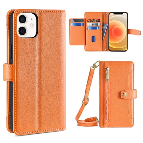 

For iPhone 12 / 12 Pro Sheep Texture Cross-body Zipper Wallet Leather Phone Case(Orange)