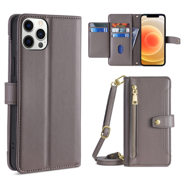 

For iPhone 12 Pro Max Sheep Texture Cross-body Zipper Wallet Leather Phone Case(Grey)