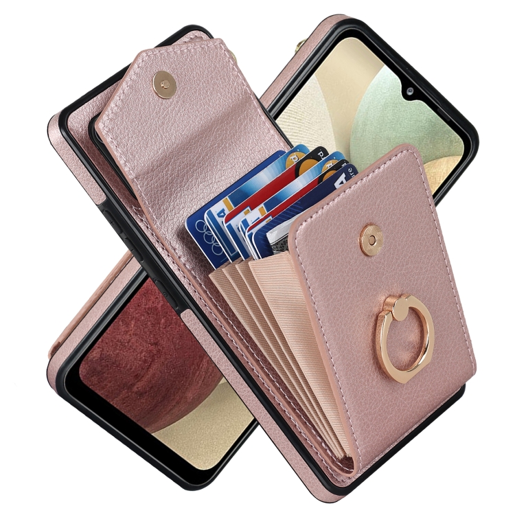 

For Samsung Galaxy A12 Ring Holder RFID Card Slot Phone Case(Rose Gold)