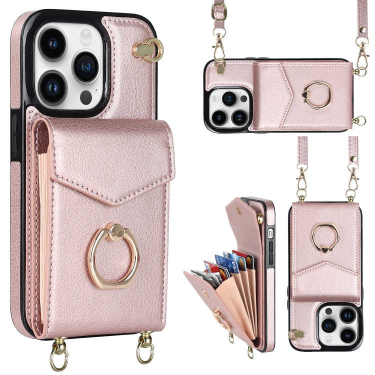 

For iPhone 14 Plus Ring Holder RFID Card Slot Phone Case with Long Lanyard(Rose Gold)