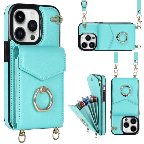

For iPhone 14 Pro Ring Holder RFID Card Slot Phone Case with Long Lanyard(Mint Green)