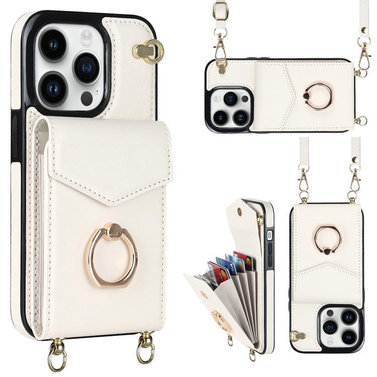 

For iPhone 14 Pro Max Ring Holder RFID Card Slot Phone Case with Long Lanyard(Beige)