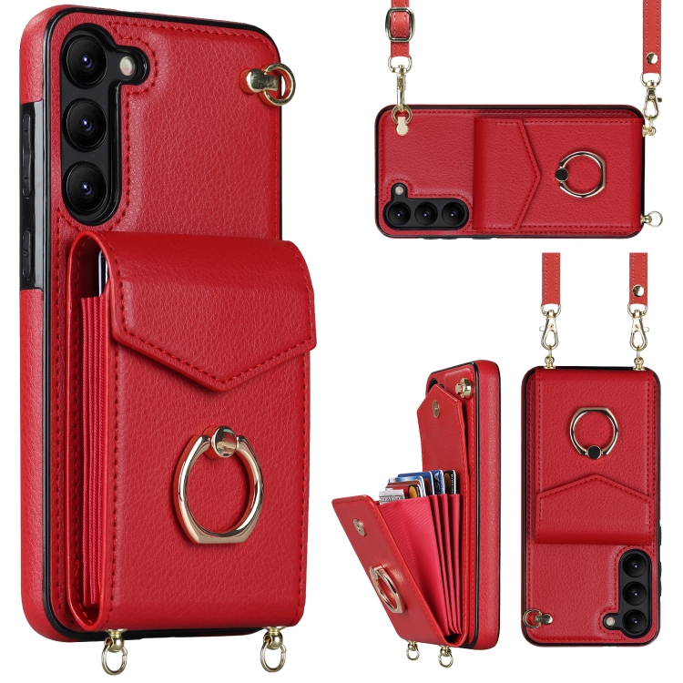 

For Samsung Galaxy S22 5G Ring Holder RFID Card Slot Phone Case with Long Lanyard(Red)