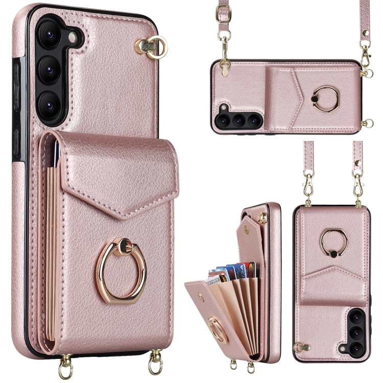 

For Samsung Galaxy S22+ 5G Ring Holder RFID Card Slot Phone Case with Long Lanyard(Rose Gold)