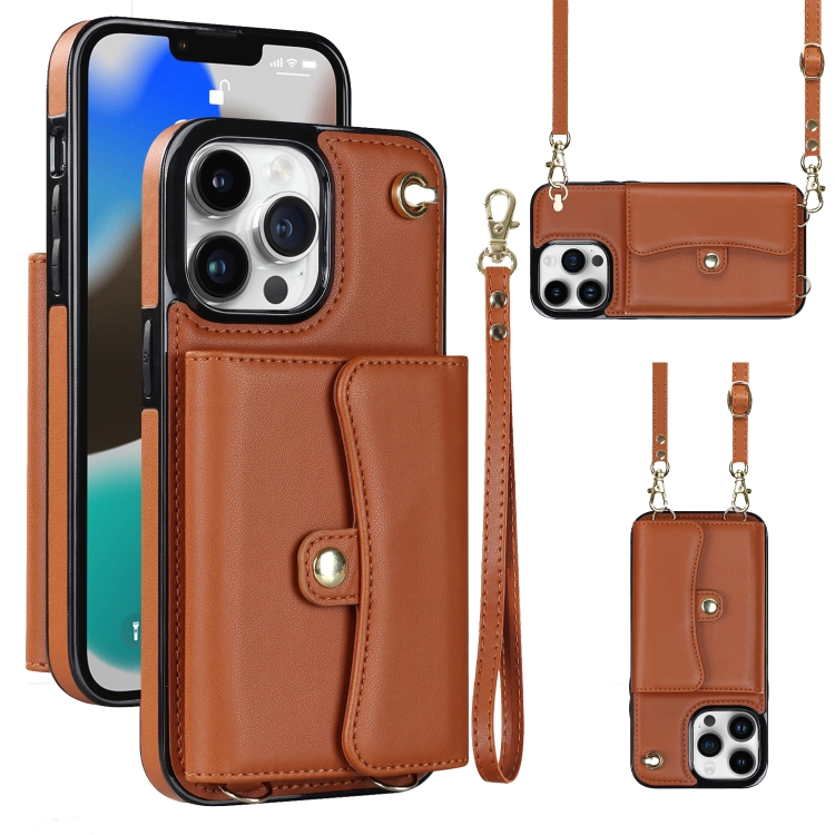 

For iPhone 13 Pro RFID Card Slot Phone Case with Long Lanyard(Brown)